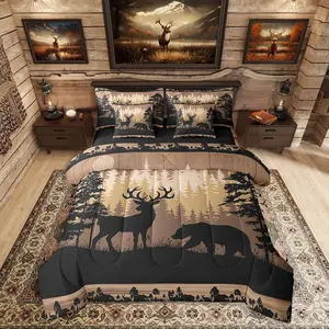 Rustic 7 Piece Comforter Set with Sheets, Farmhouse Cabin Lodge Bedding Sets,Hunting Bear Deer Bed in A Bag for Kids Boys Teen Men
