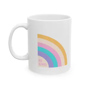Kindness Rock Gardens White Ceramic Rainbow Be Kind Mug - 11 oz.