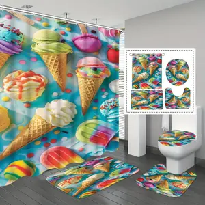 Colorful Ice Cream Bath Curtain, Modern Print Design, Waterproof Wall-Mounted Shower Rod, Fresh Style Bathroom Supplies