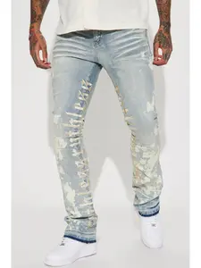 Ruthless Embroidered Stacked Skinny Flare Jeans Bleach Blue Wash Stretch Denim 5 Pocket Zip Fly Button Closure