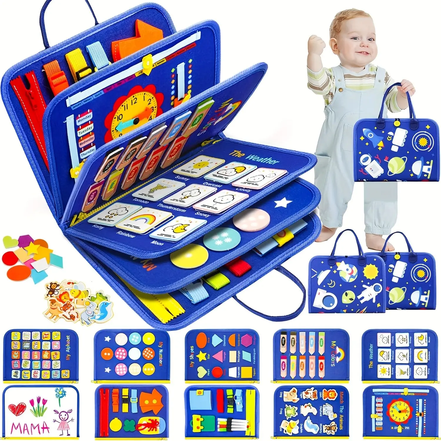 Busy Board and Book Set, Montessori Learning Board, Sensory and Educational Toys, Travel Toys for Boys and Girls
