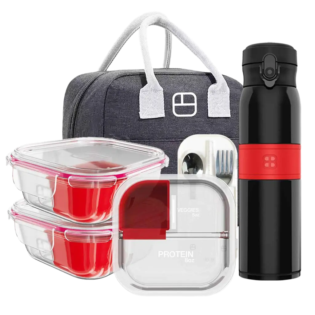 BariBundle II Deluxe Bariatric Meal Prep Bundle – 3 Glass Portion-Control Containers + 20oz Insulated Bottle + Lunch Bag, Silicone Cups & Utensils