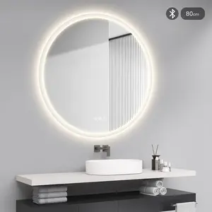 STARLEAD 32" Round LED Bathroom Mirror, Front & Backlit, Anti-Fog, Bluetooth Speaker, 3000K/4000K/6500K Dimmable, Wall-Mounted.
