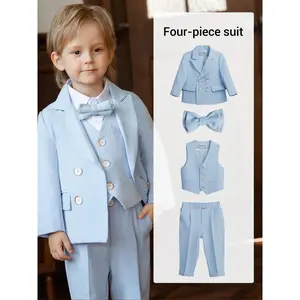 Boys 4-Piece School Formal Suit (Blazer + Vest + Pants + Tie)| Durable Wrinkle-Resistant Fabric| Classic Tailoring| Ideal for Opening Ceremonies, Parent-Teacher Meetings & Class Photos| Available in Blue, Pink & Green - XT8896