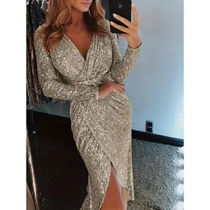 ElegantSequinLadiesV-NeckLongSleeveEveningDressDress
