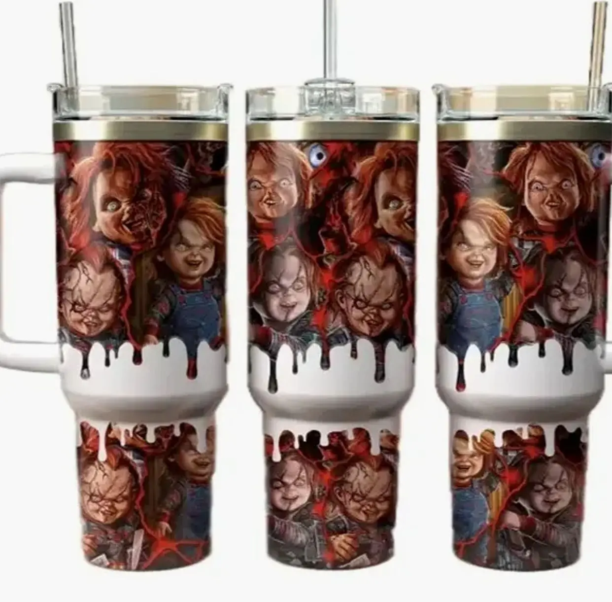[Gift Box Included] 40oz, 20oz Chucky Horror Movie Halloween Print Stainless Steel Tumbler with Handle and Straw Vacuum Insulated Travel Mug Fits Car Cup Holder Cool Gift for Horror Fans