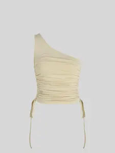 Women's Fashion One Shoulder Sleeveless Top, Slim Fit Side Drawstring Wrap Blouse, Casual Wrinkled Design, Perfect for Daily Wear