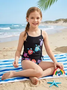 Girls' Black Turtle Print 1-Piece Swimsuit, Adjustable Straps, Comfortable Stylish Ocean-Inspired Design for Beach Days, Slim-Shaping; Men's Moisture-Wicking Compression T-Shirt, Sporty Kids' Swimwear