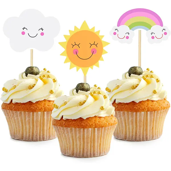Sun Rainbow Cloud Cupcake Toppers 36Pcs Sun Smiley Sunshine Theme Cake Decoration for Birthday Baby Shower Party Decorations Unique Smile Shape for Special Events