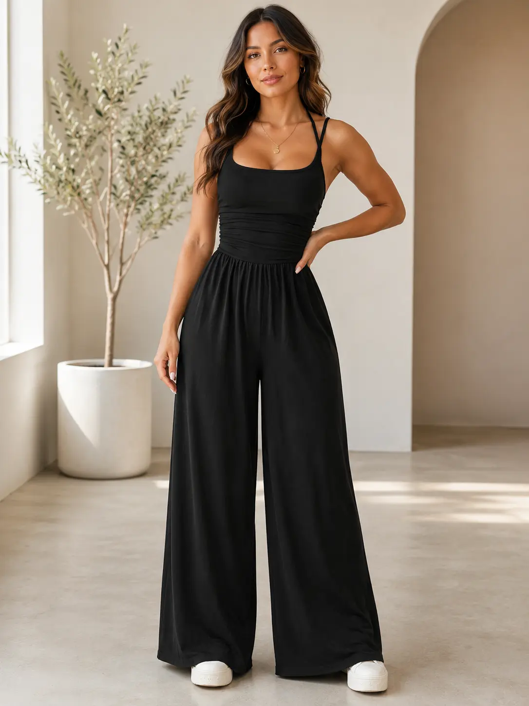 Women’s Soft Minimalist Style Black Wide-Leg Jumpsuit - Sleeveless, Strappy, Ruched Waist, Flowy Basic Everyday Summer Casual 1-Piece Outfit