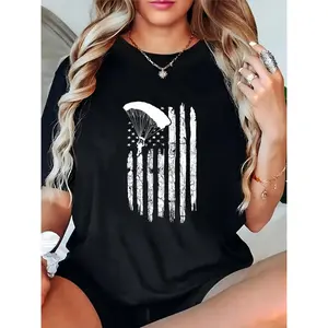 Women's Distressed US Flag Parachute T - Shirt, Patriotic 4th of July Casual Tee for Skydiving Enthusiasts & American Pride Lovers