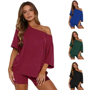Tanming Women's Casual Two-Piece Loungewear Set Flattering Off Shoulder Top & Fitted Shorts Soft Stretchy Spring Outfit for Lounging & Travel