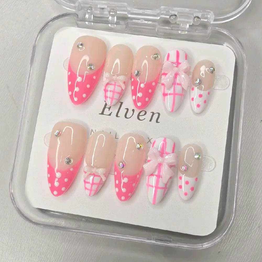 Nude & Pink French Tips Cute Polka Dot and Bow Y2K Medium Almond Handmade Press On Nails