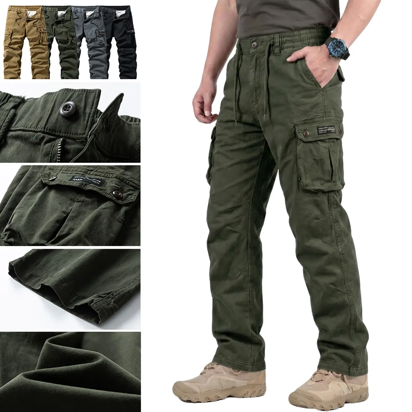 Cotton Multi-Pocket Tactical Cargo Pants, Straight Fit, Side Logo Decoration Outdoor Hiking Cargo Pants