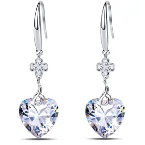 Emma Manor 925 Sterling Silver 5A Heart Shape Cubic Zirconia Lucky Clover Dangle Earrings