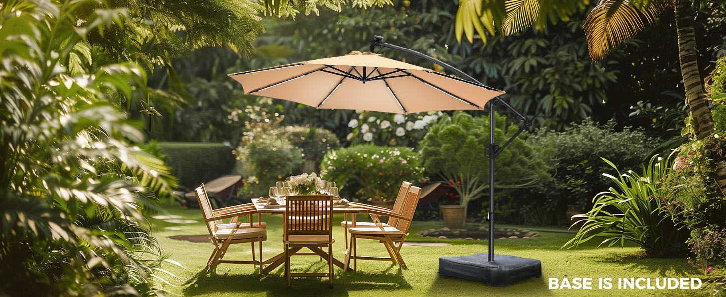 10ft Solar Lights Offset Cantilever Patio Umbrella - with Light and Base, LED Lighted Offset Hanging Patio Outdoor Market Umbrella UPF50+ UV Protection with Easy Tilt and Crank for Pool Deck & Garden