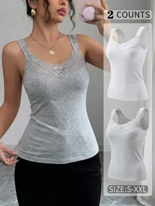 2PCS Essential Basic Lace Trim Sleeveless Tank Camisole Underwear, Skin-Friendly & Soft, Elevate Your Feminine Vibe.