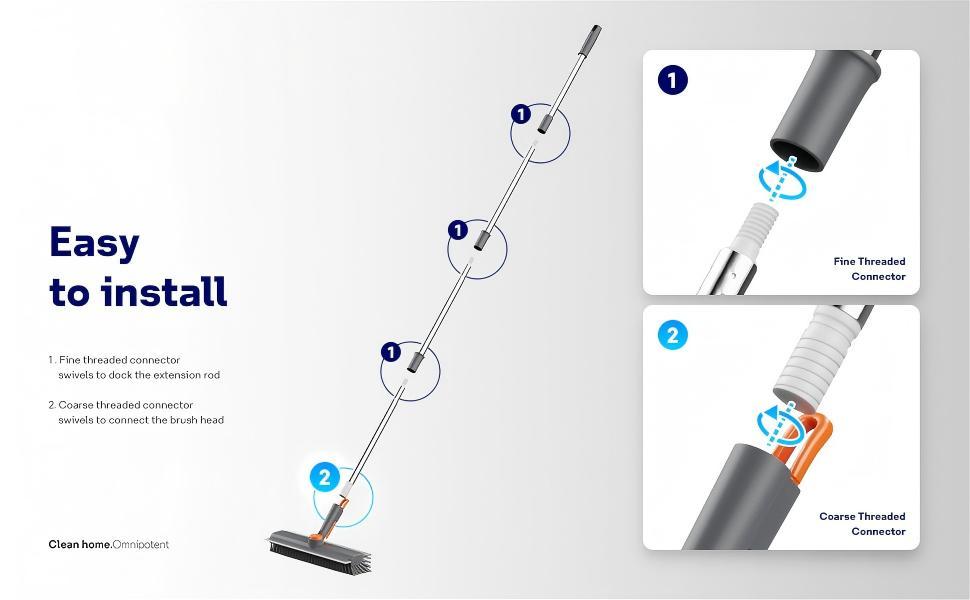 Floor Scrub Brush with Long Handle, 3 in 1 Scrape and Heavy-Duty Stiff Bristle Scrubber Brush for Cleaning Shower Bathroom, Patio, Pool, Garage, Kitchen, Wall and Deck (Gray, 1 Pack)