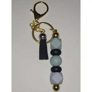 Gray Beaded Keychain with Black Tassel