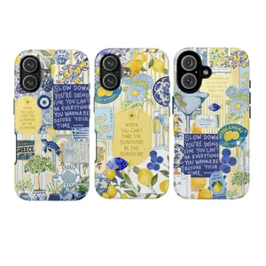 Mediterranean Lemon Phone Case for iPhone 17 16 15 14 13 12 11 Pro Max Plus, Blue Floral Coastal Collage Cover, Amalfi Coast Summer Aesthetic iPhone Case, Greek Italy Vacation Art Phone Cover, Cute Gift for Women