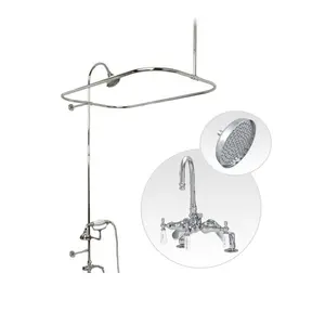 60 Inch Chrome Deck Mount Clawfoot Tub Shower Enclosure with Gooseneck Faucet and Rain Shower Head