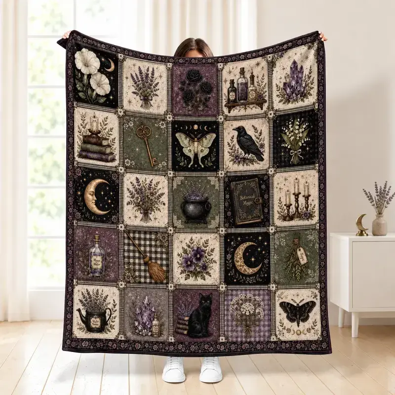 Gothic Witch Flannel Blanket, Dark Cottagecore Throw, Lavender Moon Raven Blanket, Botanical Magic Bedding, Witchy Gift