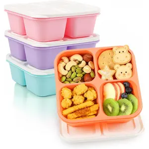Adult Reusable Bento Lunch Box, 4 Pack 4 Compartment Stackable BPA-Free Snack Containers, Meal Prep for Home Work Travel, 4 Colors