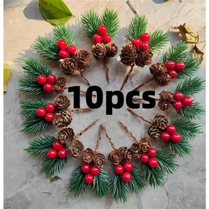 10pcs Hanging Floral Decor Set, Christmas Floral Selection with Artificial Pinecone Holly Berry Stems for Crafts, Artificial Christmas Branches and Sprays, Red Berry Stems for Christmas Home Decor, Wreaths, Garlands