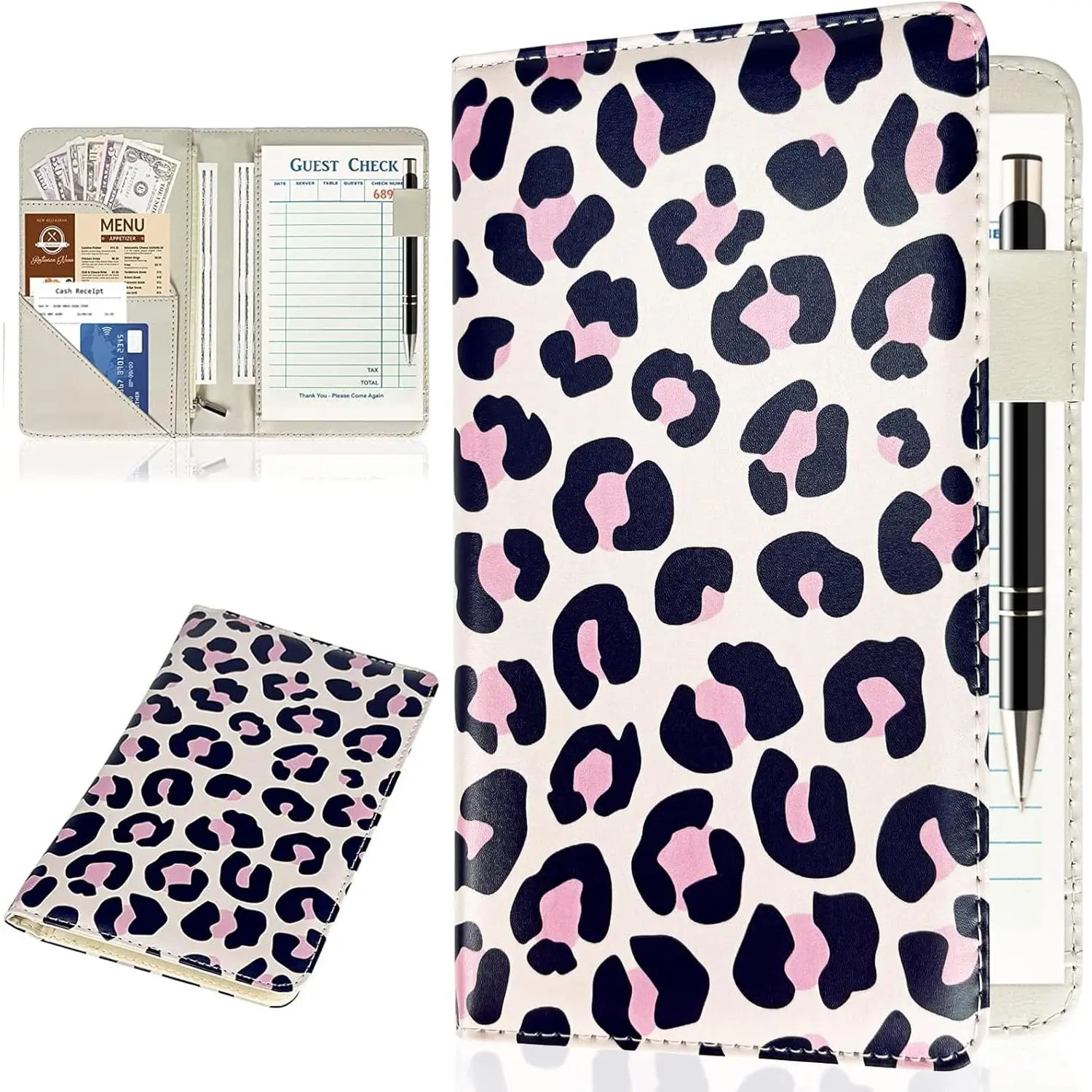 Server Books for Waitress  Waitress/Waiter Book Organizer with Zipper Pouch Guest Check Holder Money Pocket Restaurant Waitstaff Leopard Pattern