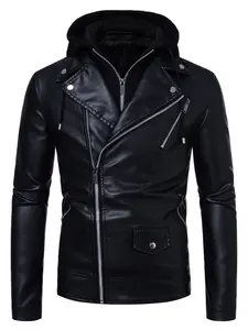 Men's Motorcycle Leather Jacket, Casual Multifunctional Slim Fit Riding Coat, Stand Collar Hooded Spring Fall Windproof Waterproof Faux Leather Jacket