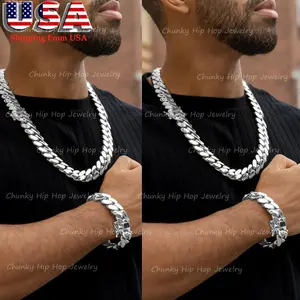 Miami Cuban Chain Necklace Bracelet Set Jewelry Silver Polish Soild 18mm Wide Fashion Mens Stainless Steel Hip Hop Jewelry