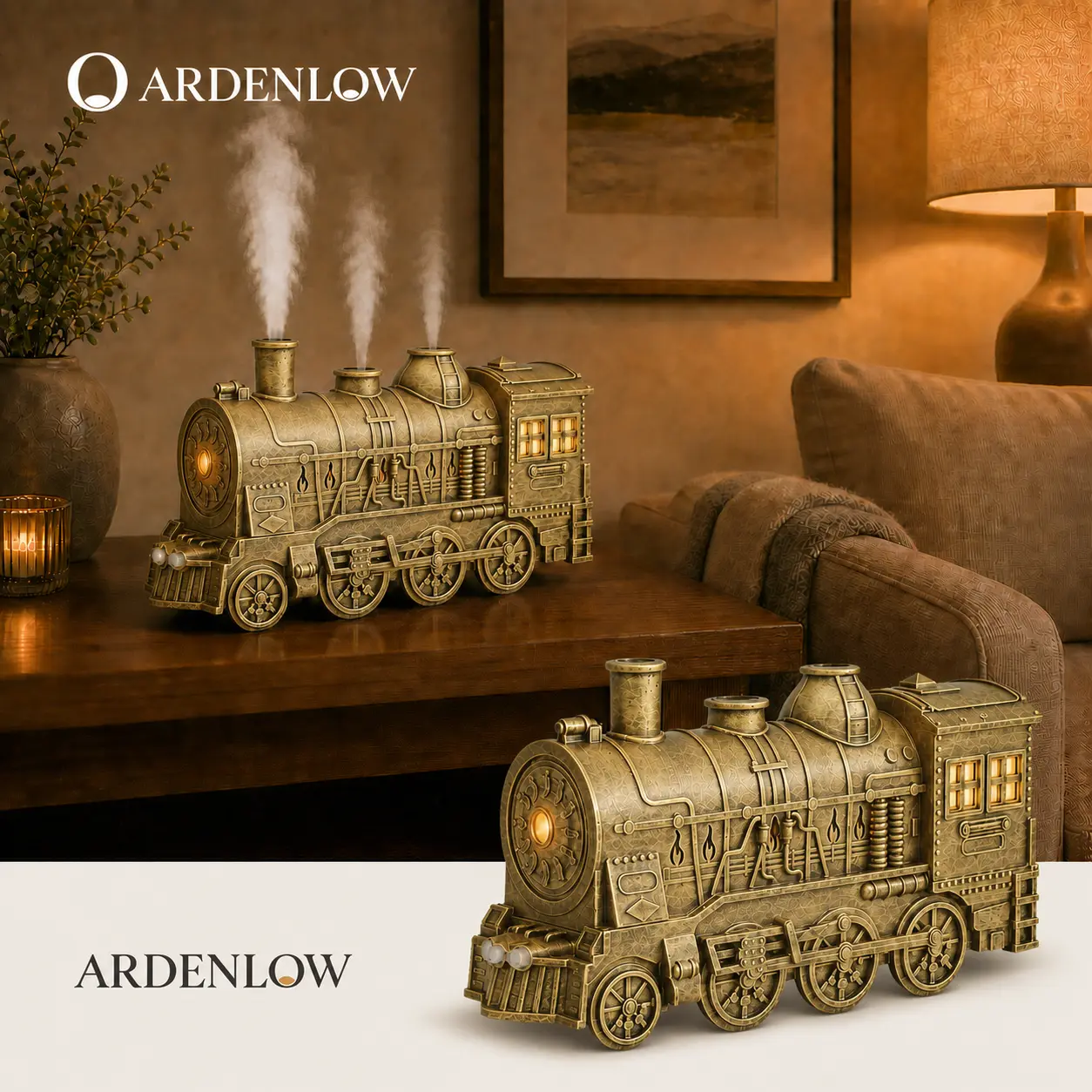 ARDENLOW｜Vintage Steam Train Aroma Essential Oil Diffuser & Humidifier with Remote Control, 2-Color LED Light, 2 Mist Modes, US Plug, Christmas Gift for Home Decor
