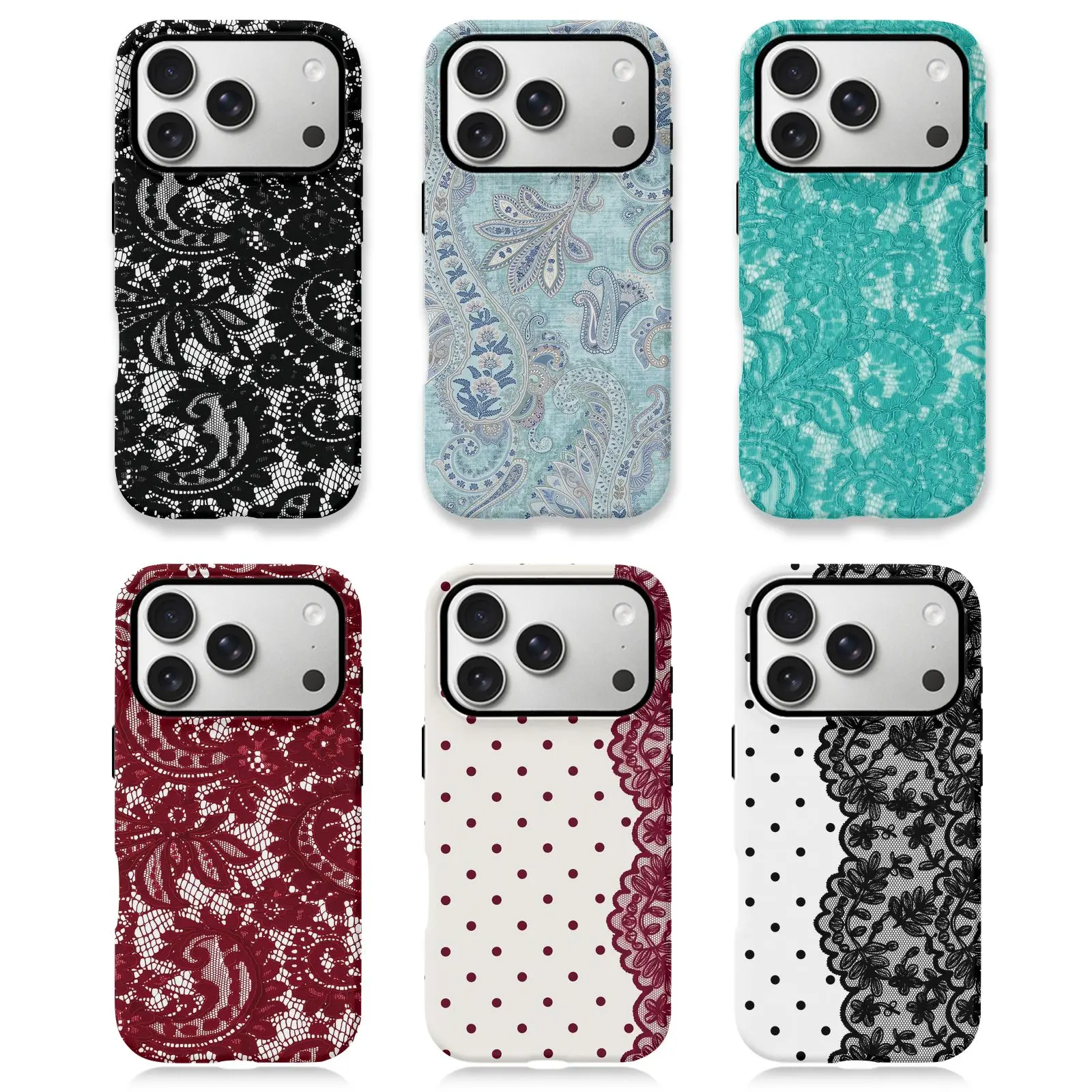 Lace, Paisley, Polka Dot & Floral Design Phone Case with Button - Polycarbonate(PC+TPU) Hard Shell, Flexible Rubber Liner, Impact-Dispersion Protection for iPhone 17/16/15/14/13/12/11 ProMax/Plus, Glossy UV-Protected Phone Accessories