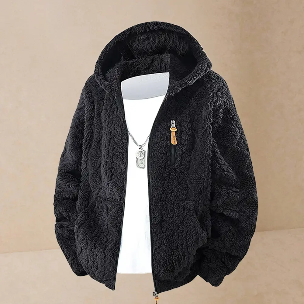 Men’s warm faux shearling hooded jacket, retro casual style, soft and comfortable faux shearling feel, zipper design for easy wear and removal, perfect for winter commuting.