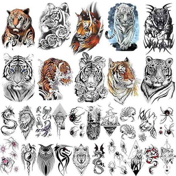 30 Sheets Large Colorful Tiger Temporary Tattoos for Men Women Realistic Tiger Temporary Tattoo Stickers for Adults 3D Fake Wolves Spider Scorpion Animals Tatoos