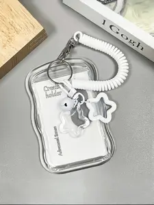 Expandable Heart-Shaped Card Holder Keychain, Durable Transparent ID Wallet Set, Detachable Wipeable Sliding Cover, Key Ring, Lanyard