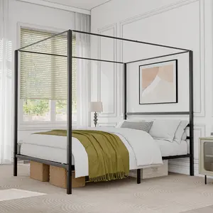 14-Inch Black Queen Size Platform Canopy Bed Frame with Built-in Headboard, Sturdy Metal 4-Poster Design, Modern Home Furniture