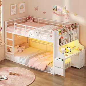 ADORNEVE Low Bunk Bed Twin Size with Desk, Bookshelf & 3 Storage Drawers, Metal Floor Bunk Bed Twin Over Twin with RGB Lights & Charging Station, Safety Guardrail & Ladder, Small Space