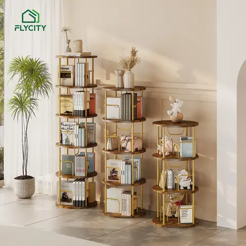 Flycity Rotating Bookshelf 3-5 Tier Spinning Bookshelf Tower 360° Display Unique Round Bookcase for Home Study and Office Organization Furniture Stand Monitor Riser