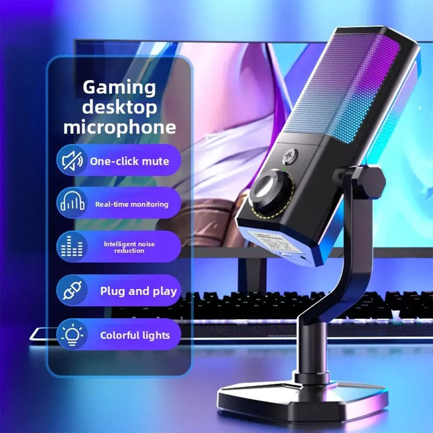 RGB Gaming Microphone for Esports Streaming, Noise-Canceling Desktop Condenser Mic, USB Plug-In, Compatible with PC/laptop, No Battery Needed, Lights