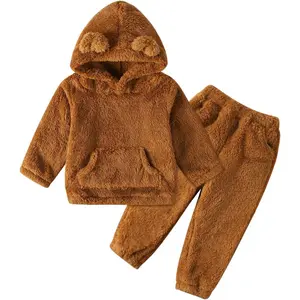 Toddler Baby Fleece Set Bear Hoodie with Ears Fuzzy Winter Sweatsuit Warm Hooded Sweatshirt & Sweatpants for Boys Girls