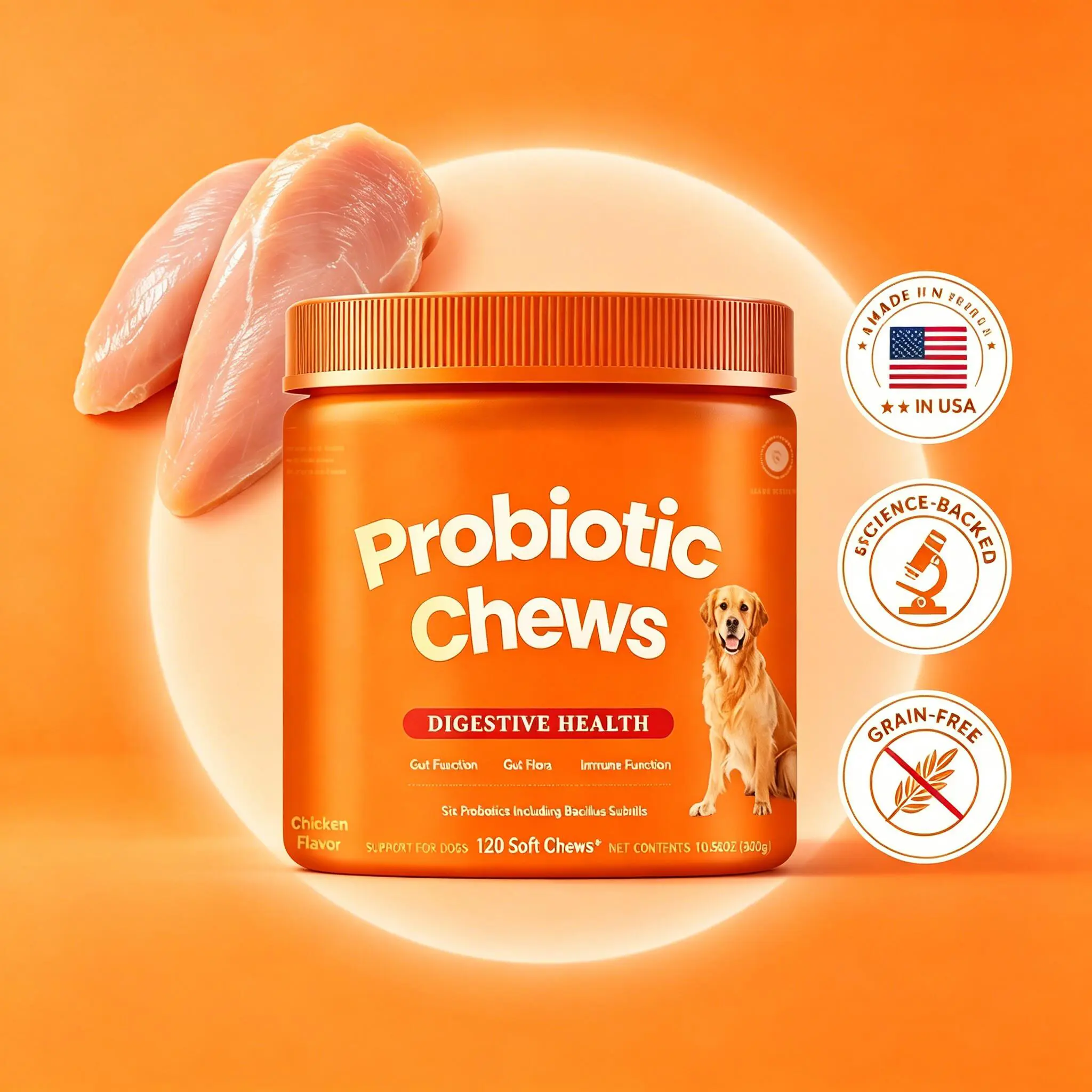 Natural Canine Probiotics Chew Supplements - 6 Strains, Chew Form, Bacillus Subtilis, Flaxseed Powder, Daily Canine Wellness Support, Digestion Aid, Allergy Relief, Itching & Hot Spots Care, Paw Licking Reduction, Immune Boost, Six Strains