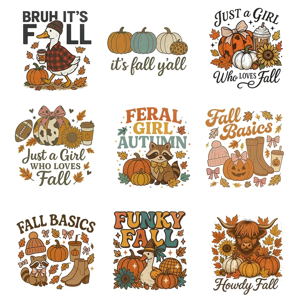 9pcs Autumn Thanksgiving Iron-On Transfers, Pumpkin Maple Leaf Duck Raccoon Patterns, DIY for Clothes, T-Shirts, Masks, Jeans, Backpacks, Halloween