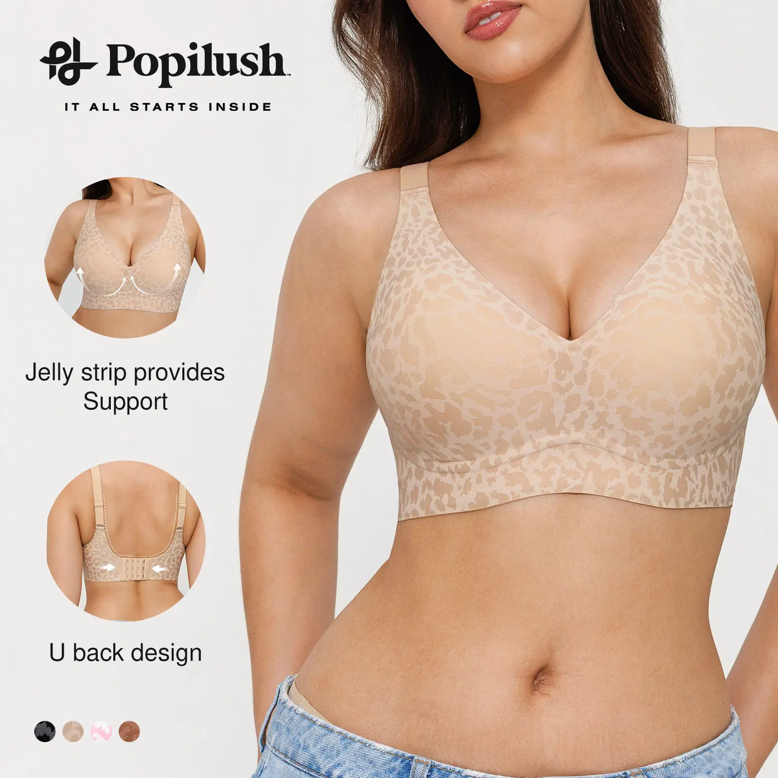 Popilush Cooling Bra Seamless Wireless Jelly Bra Leopard Print - Adjustable Strapless V-neck Molded Cup, Ultra Comfort & Strong Support Women