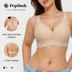 Popilush Seamless Wireless Jelly Bra Leopard Print - Adjustable Strapless Sexy V-neck Molded Cup, Ultra Comfort & Strong Support Women