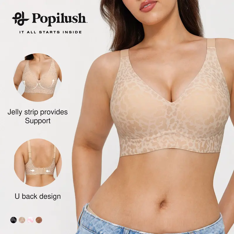 Popilush Cooling Bra Seamless Wireless Jelly Bra Leopard Print - Adjustable Strapless V-neck Molded Cup, Ultra Comfort & Strong Support Women