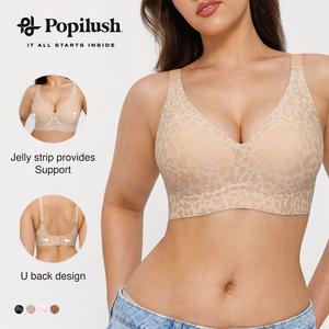 Popilush Cooling Bra Seamless Wireless Jelly Bra Leopard Print - Adjustable Strapless Sexy V-neck Molded Cup, Ultra Comfort & Strong Support Women