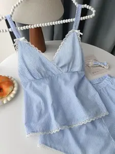 Summer Lightweight Striped Lace Patchwork V-Neck Bow Halter Shorts Set, Two-Piece Home Wear, Comfortable and Stylish