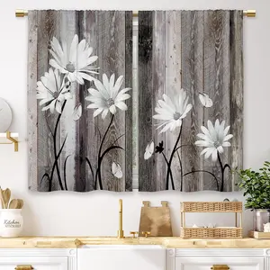 Brown Farmhouse Daisy Tier Curtains, 27.5x39 in, Rustic Floral-Butterfly-Wooden Flower Design, Short Cafe/Bathroom Drapes, Country Barn Plank Textile Treatment