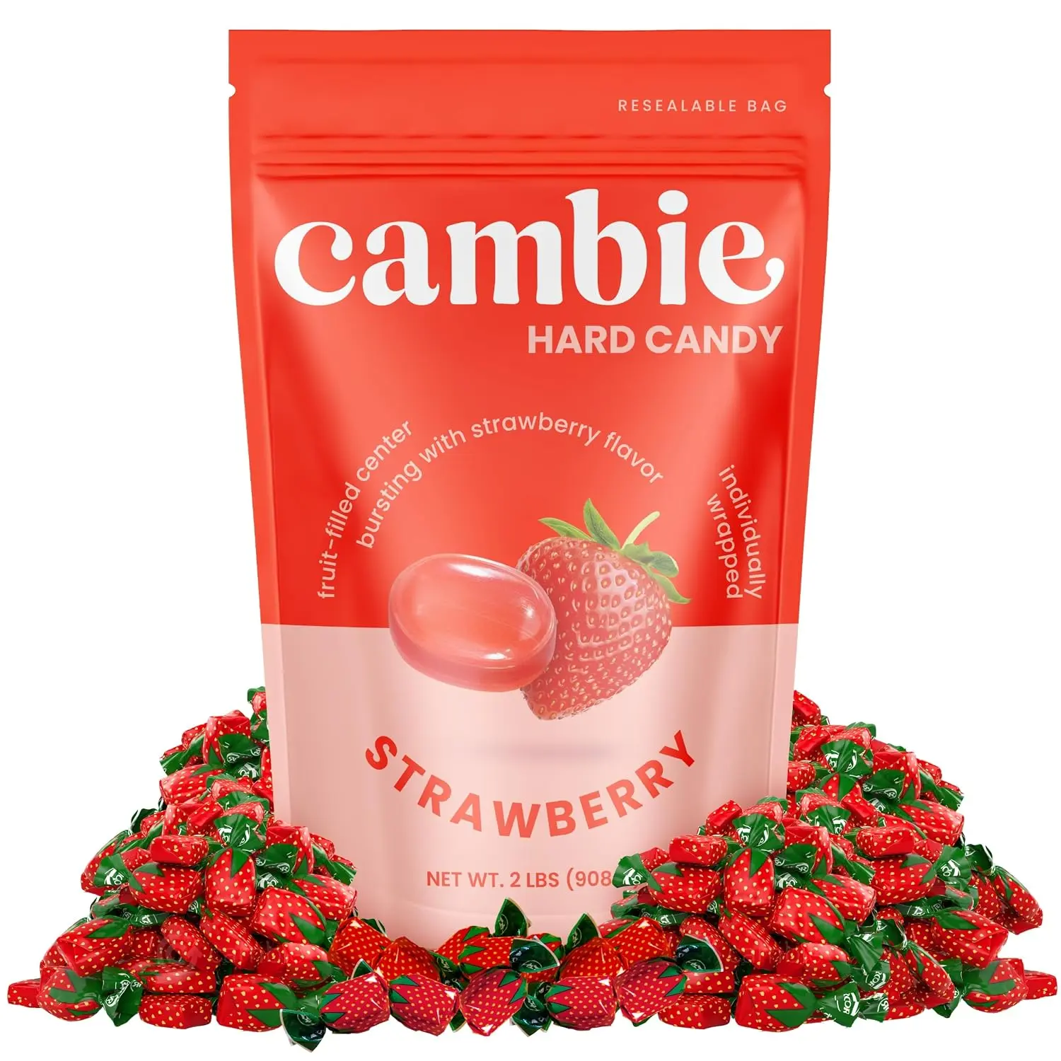 Strawberry Hard Candy Individually Wrapped by Cambie - 2 lbs of Hard Candy